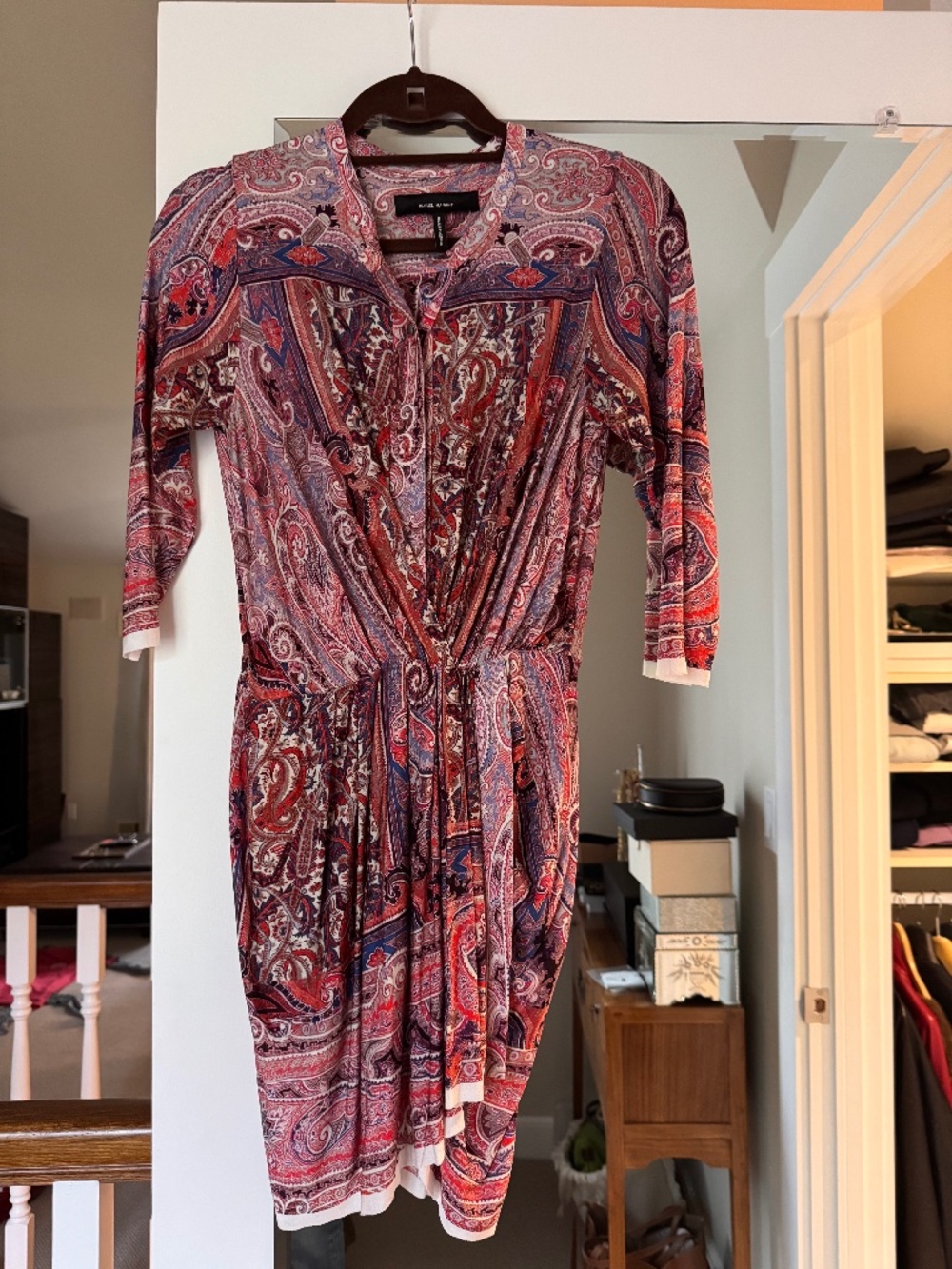 Isabel Marant stretch jersey mini dress, size 34, paisley print with 3/4 sleeves